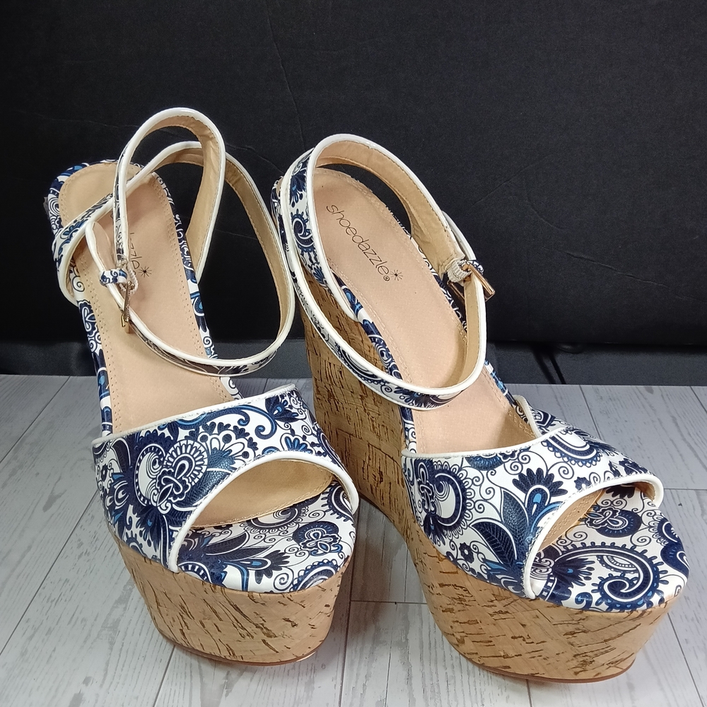 Shoe Dazzle Blue and White Wedges with Cork Heel